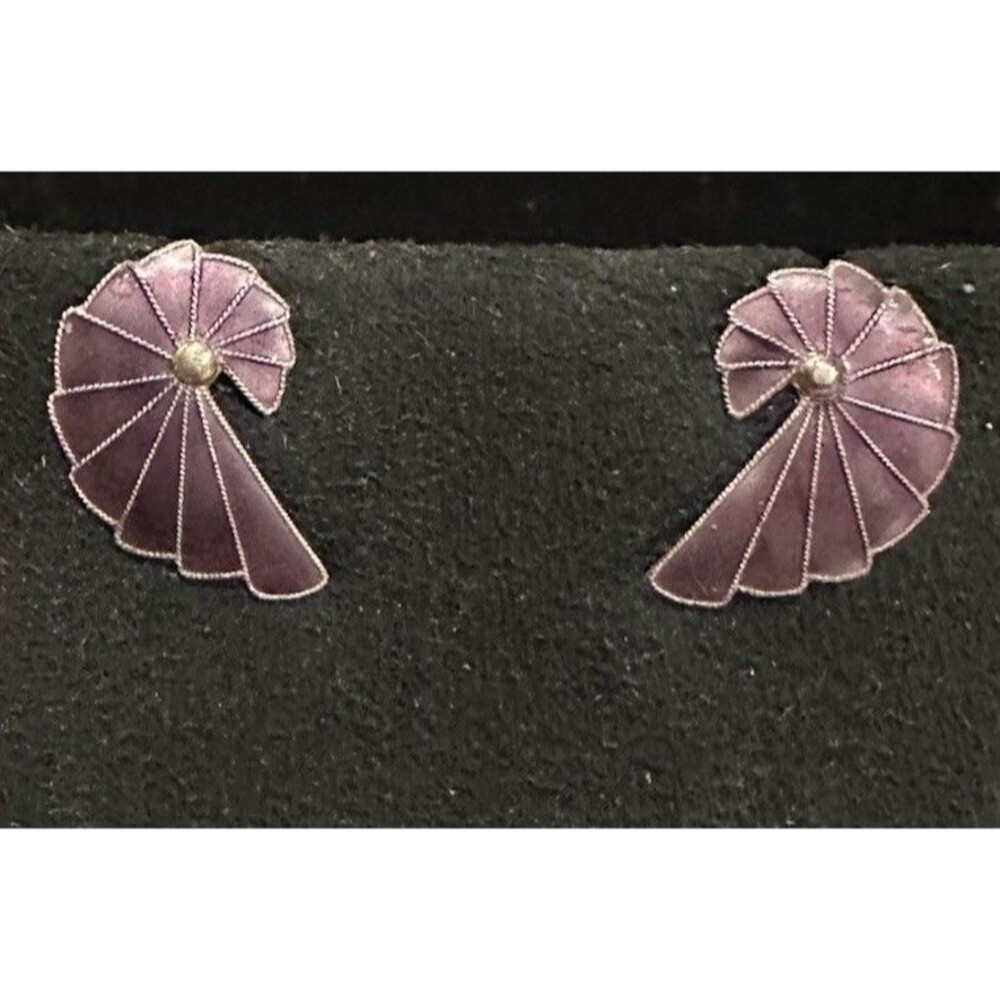 VTG Purple Fan Laurel Cloisonné 925 Sterling 24k Gold Vermeil Earrings